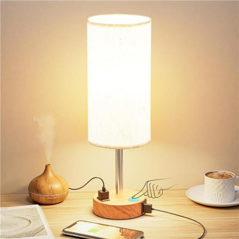 Bedside Table Lamp for Bedroom 3 Way Dimmable Touch Lamp USB C Charging Ports